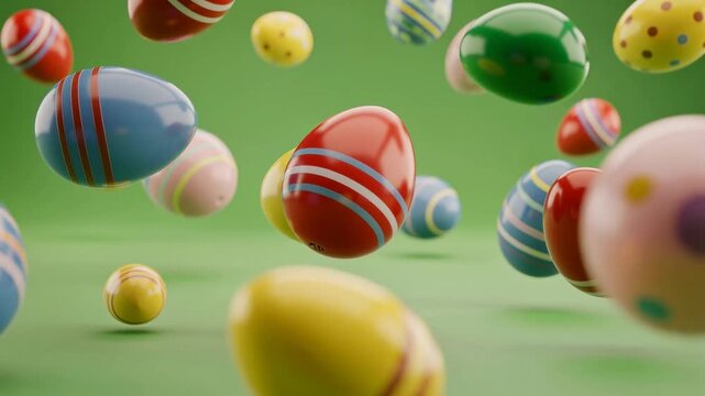 Colorful patterned Easter eggs gently float and bounce against a smooth green background vibrant spring celebration