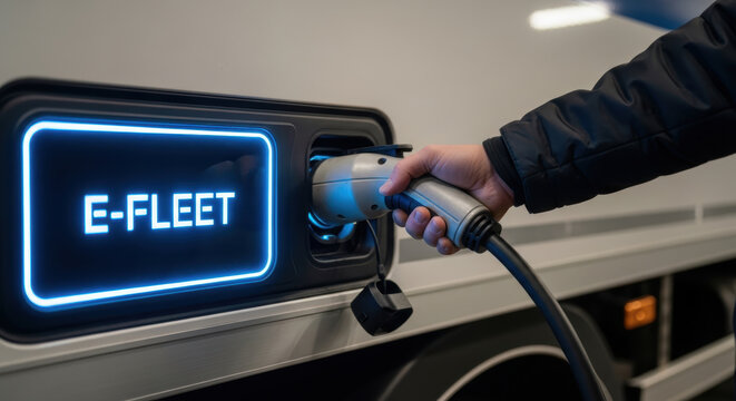 Electric vehicle charging station with hand holding plug showing e fleet sign symbolizing e commerce logistics evolution in transportation industry