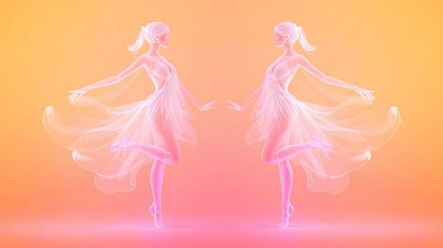 This image features ethereal digital art of dancing figures with flowing, wing-like fabric against a pink and orange gradient.