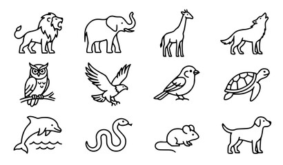 Obraz premium Animal types vector icon set with simple bold line art classic lion elephant giraffe owl and wildlife clip art black and white
