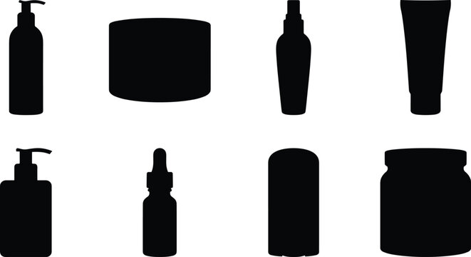 Cosmetic and beauty product container silhouettes featuring pump bottles jars tubes and serum droppers for skincare branding