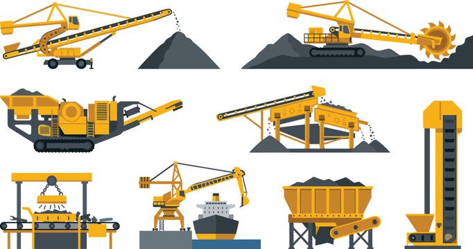 Flat Vector Icons of Heavy Mining Machinery and Bulk Material Handling Equipment for Industrial Processing Projects