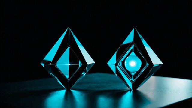 Glowing translucent crystal quantum core with neon cyan aura
