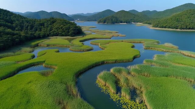 Aerial Slow Drift Over Suncheon Bay National Garden &ndash; Vast Emerald Green Reed Marshes, South Korea