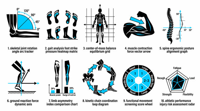 set of vector illustrations depicting various biomechanical analysis and athletic performance assessment tools, including skeletal joint rotation angle arc trackers, gait analysis foot strike pressu