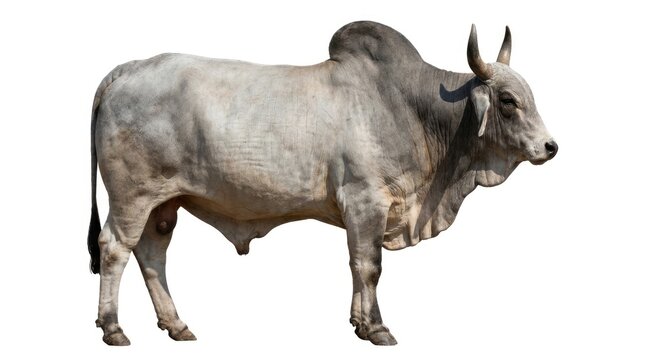 A majestic gray zebu bull standing on a white background