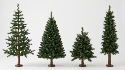Obraz premium Four artificial christmas trees on wooden bases in various sizes