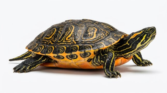 Red eared slider turtle close up detailed shell pattern and vibrant markings on white background
