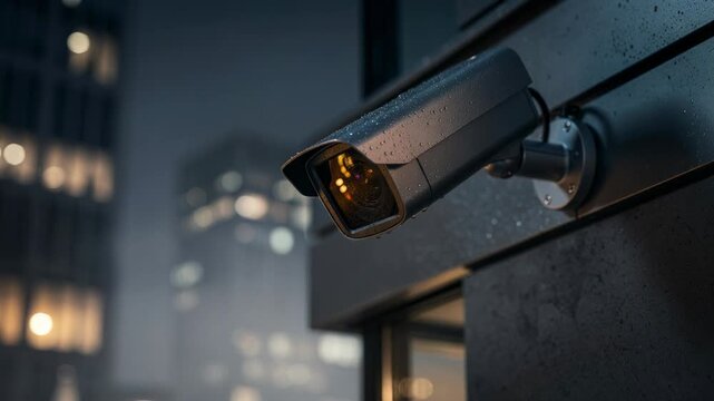Surveillance camera with raindrops on city building at night urban security and rain atmosphere