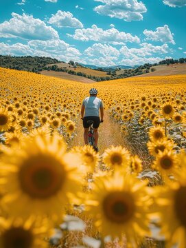 A person rides a bicycle through a field of sunflowers under a cloudy sky. AI.