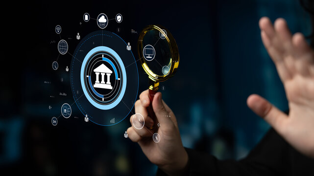 A global FinTech and digital banking network technology concept. A central financial system connected to the worldwide digital economy and services. Motif