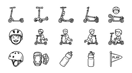 Children riding scooters and safety gear doodle icons set © Janganan