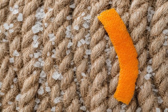 Textured hemp rope background with sparkling salt grains and a vibrant strip of orange peel.