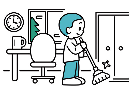 Minimalist vector illustration of a cute boy sweeping the floor with a broom in his room near a desk. Perfect for children chores, housekeeping education, and daily routine concepts