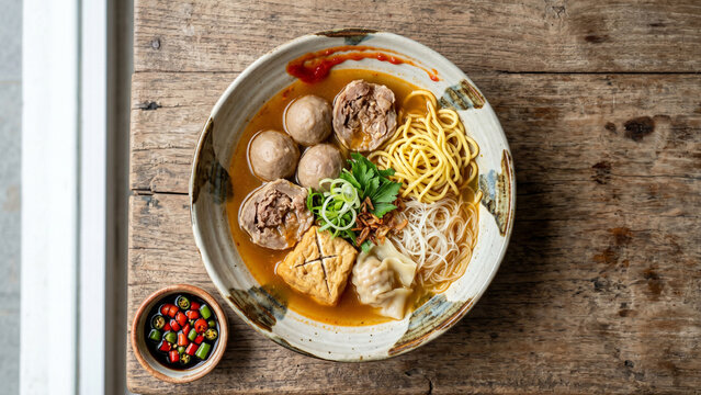 Bakso Malang Indonesian Meatball Soup with Noodles Served in Ceramic Bowl