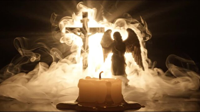 B roll showing a lone lit candel against a smoky background. Shadows of a christian crucifix and an angle create a contemplative scene, suitable for advertising.