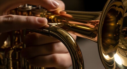 Fototapeta premium Close-up of musician fingers playing a brass trumpet in dark studio