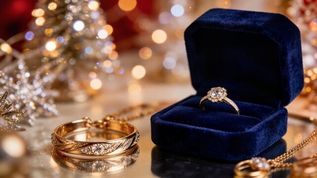 Diamond ring in blue velvet box with gold bracelet near Christmas tree for luxury holiday jewelry marketing and advertising banner