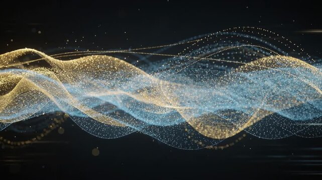 Mesmerizing flow of golden and blue glowing particles creating dynamic and undulating abstract motion