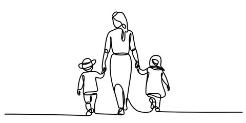 Obraz premium Continuous line art of mother walking with two children