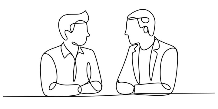 Two men talking in a continuous one line drawing style