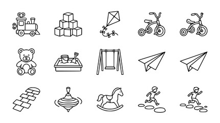 Collection of hand-drawn children's toys and games icons on white background