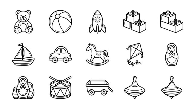 Collection of hand-drawn children's toys in a doodle style