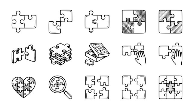 Puzzle Pieces Hand Drawn Icons Set: Connection, Solution, Game, Strategy, Teamwork