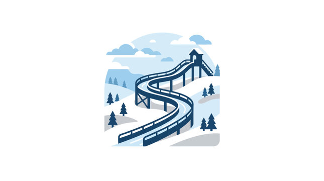 An illustrated winter bobsleigh track winding down a snowy mountain slope.
