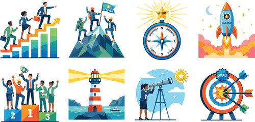 Naklejka premium Business success and growth concept icons featuring goal achievement, leadership teamwork, career progress, and strategy flat vector illustrations