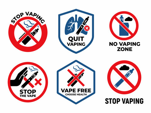 Set of no vaping signs and antivaping labels
