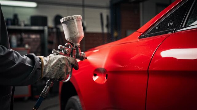 Skilled technician applying vibrant red paint to sleek car door for automotive refinishing