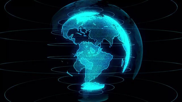 Globe rendered in blue light displays a digital network of global, Futuristic Digital Hologram Earth Globe Animation
Rotating, Global Network Holographic Globe