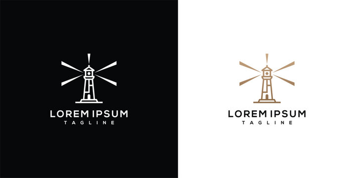 Minimalist Line Art Lighthouse Logo Template with Guiding Light Rays