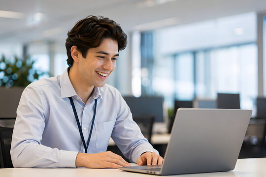 Young professional millennial employee on first day of work smiling at laptop in modern bright office with ID badge, onboarding digital training corporate welcome concept
