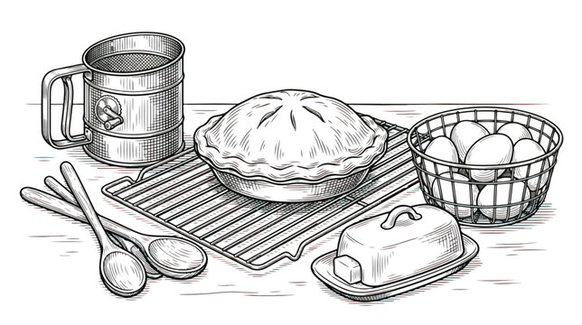 Vintage hand drawn baking ingredients and tools, rustic kitchen still life with apple pie on cooling rack, flour sifter and eggs vector