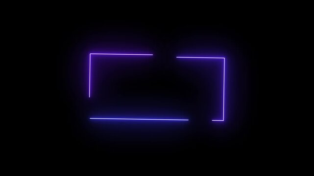 Neon Rectangle doodle animation,Rectangle neon frame glows with vibrant purple light against a dark.