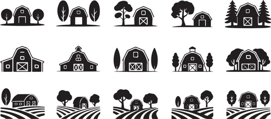 Set of farm icons with barns trees and agricultural fields displayed as silhouettes for rural landscape or agricultural concepts. © Kamrun82