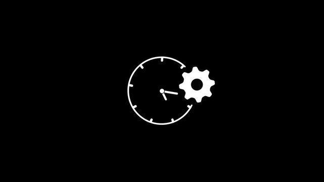 White clock icon with gear on black background representing time management and efficiency cogwheel mechanism
