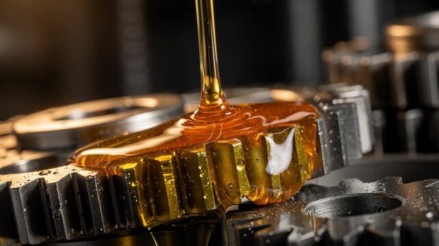 Slow motion close up of golden oil flowing smoothly over interlocking metal gears for industrial machinery