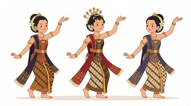 Indonesian Traditional Javanese Dancers Vector Illustration Set
