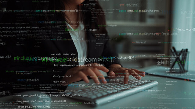 A focused developer types on a keyboard in a sleek office, surrounded by digital code overlays that reflect the complexities of software development and problem-solving. Xenic