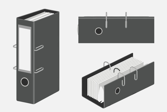 Set of black office binders in various positions including standing and lying open with white documents inside for organization.