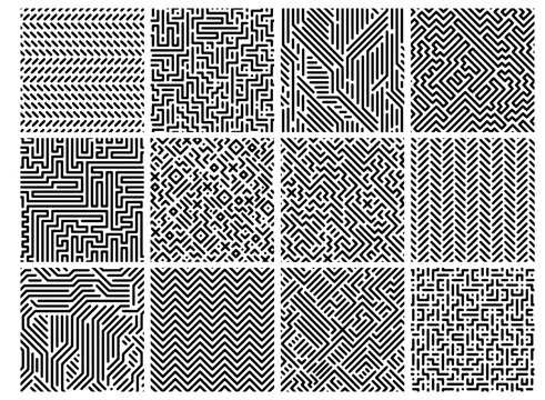 Diverse set of black and white geometric seamless patterns featuring complex maze, circuit, and linear textures for abstract design backgrounds