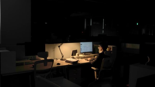 A lone worker sitting at a desk in a very dark office space at night with only a small monitor light visible in the background.