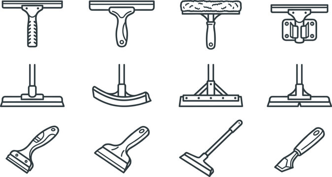 Window cleaning and floor squeegee tool collection featuring glass wipers, scrapers, cleaning equipment, and professional maintenance accessories
