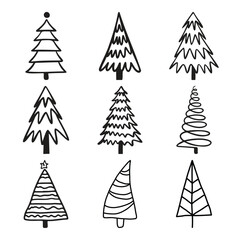 Obraz premium Christmas Celebration and Winter Season Nature Vector Icon Collection featuring hand drawn christmas tree and doodle pine fir tree symbols.