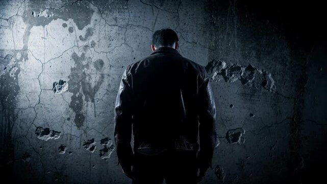 Lone person in leather jacket standing with back turned against cracked wall urban scene