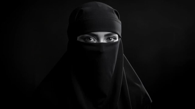 Mysterious woman wearing black niqab with captivating eyes in soft delicate lighting portrait