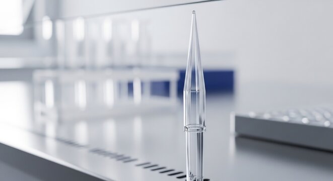 Close-up of a pipette tip in a laboratory setting with scientific equipment.
